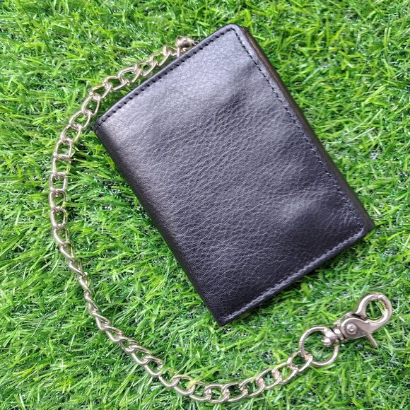 Men's Biker Wallet in Genuine Leather, Trifold Long Chain Wallet With RFID Block - Picture 1 of 7